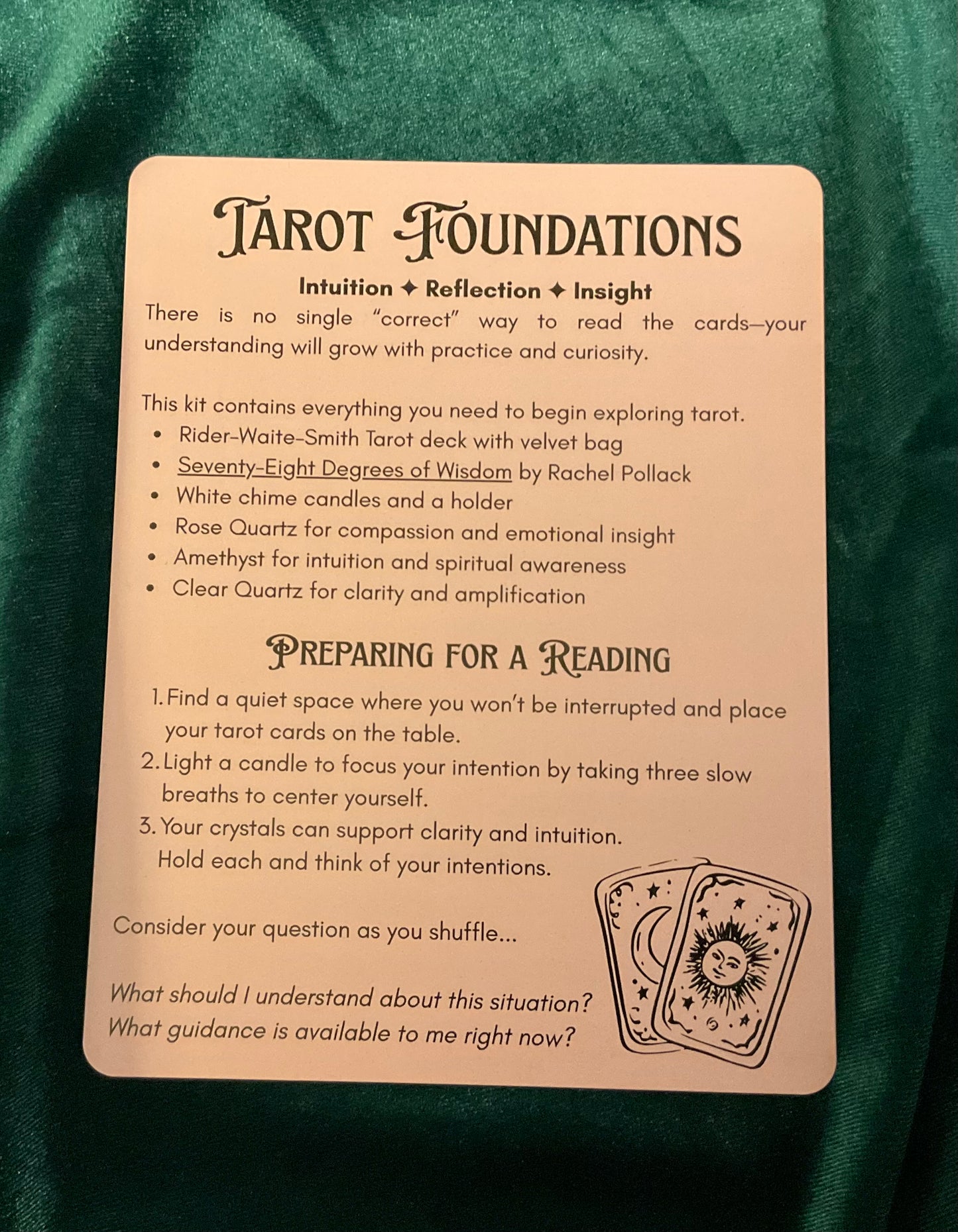 Instructions for using Tarot cards on a green fabric background